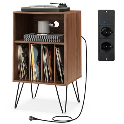 Produktbild von COSTWAY Schallplattenspieler-Ständer, 3-stufiger Plattenspieler-Ständer mit Ladestation, Vinylplatten-Aufbewahrungstisch mit Regal walnuss