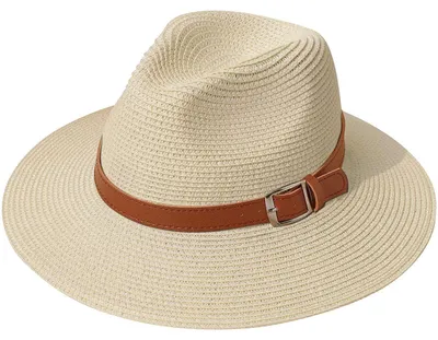 Produktbild von Damen Panama Hut Breiter Krempe Stroh Sommer Fedora Rollbar UV Sonnenhut UPF 50+ Beige