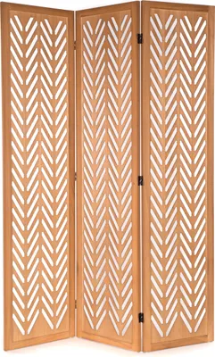 A three-panel wooden room divider with a geometric cutout pattern.