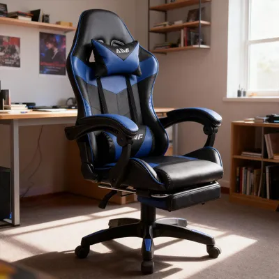 Zdjęcie produktu dla Krzesło gamingowe – Ergonomiczne krzesło do gier z rozkładanym podnóżkiem i obiciem z sztucznej skóry (PU) – niebieskie