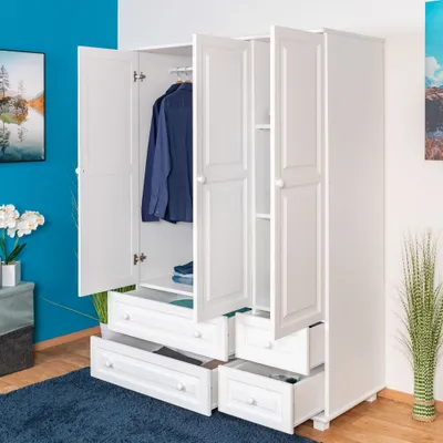 Produktbild von Kleiderschrank Kiefer Massivholz weiß 3-türig, 190x133x60 cm, 1 Kleiderstange, 3 Fächer, 4 Schubladen
