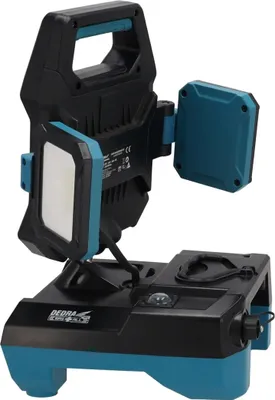 A black and teal LED work light is shown against a white background.