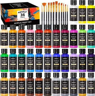 Zdjęcie produktu dla Zestaw farb akrylowych - 36 kolorów w butelkach po 60 ml (2 uncje) - zawiera 12 pędzli - Nietoksyczny - Wodoodporny - Bogate pigmenty, idealne dla artystów i studentów