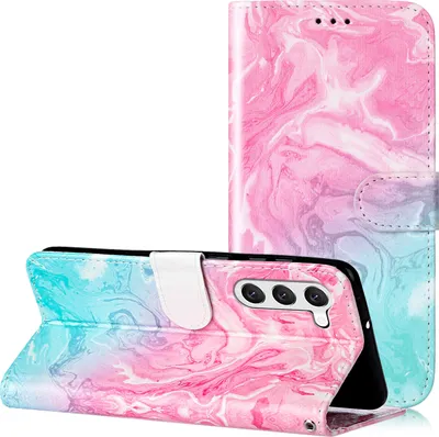 Produktbild von CLM-Tech Hülle kompatibel mit Samsung Galaxy S23 - Tasche aus Kunstleder - Klapphülle mit Ständer und Kartenfächern, Marmor rosa türkis