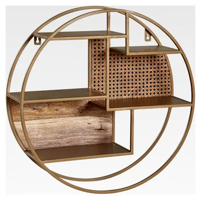 Produktbild von Wandregal Rattan 62x62x17 cm Hängeregal Massivholz/Metall Industrial, Schweberegal Wiener Geflecht Rund Wand, Regal Hängend Offen Wohnzimmer