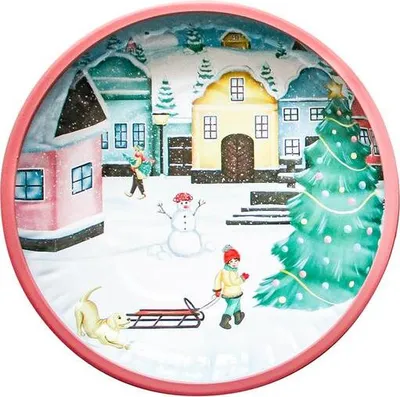 Obrázek produktu pro Podnos Vánoční Kulatý "Vesnička" 26X2,5Cm Plechový