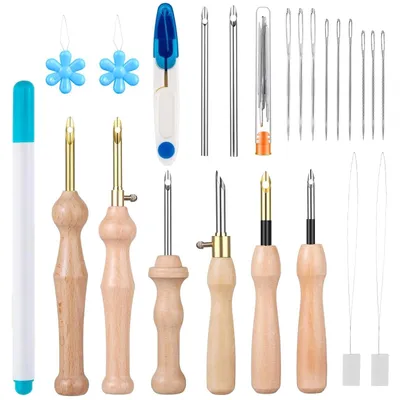 Produktbild von Ponsnadel-Set, 23 Stück - Sticknadel-Set - Garnstichnadeln - Verstellbare Teppichnadel - Holzgriff - Fadenzieher-Werkzeug - Sticknadeln