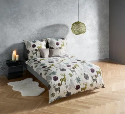 Produktbild von Fleuresse Mako-Satin Bettwäsche 155x220 Hirsch Bäume bunt grau silber 114566-07