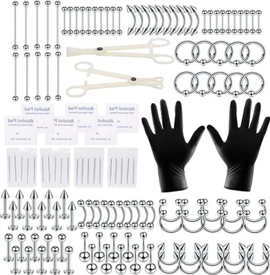 Produktbild von 140PCS Edelstahl Piercing Kit 14G 16G 20G Piercing Nadeln Bauchnabelringe Zunge Tragus Knorpel Helix Daith Rook Ohrring Nippel Lippe Augenbrauen Nasenringe Körperschmuck Werkzeug