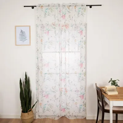 Produktbild von Gardine Schlaufenband Leinenoptik Frühlingsblumen weiß 140x245cm
