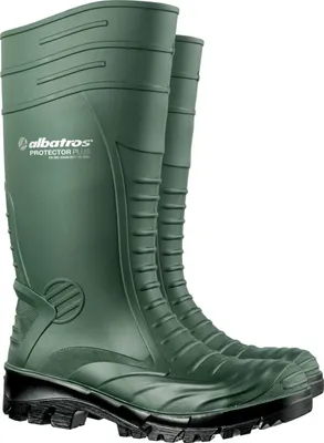 A pair of green rubber boots on a white background.