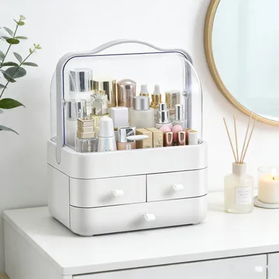 Produktbild von Schminkkoffer, Make-up-Organizer, Kosmetik Organizer, Staubdicht Beauty Aufbewahrung, Kosmetische Aufbewahrungsbox, 26.5cmx18.2cmx37.4cm, Weiß