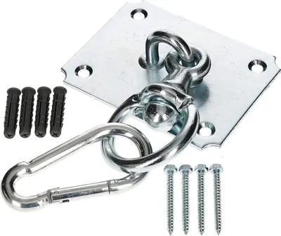 A close-up shot of a metal ceiling hook with carabiner and screws on a white background.