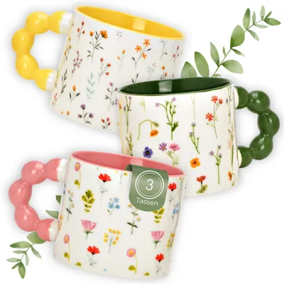 Produktbild von Kaffeetassen 3er Set mit Blumen Dekor, 360 ml Porzellanbecher