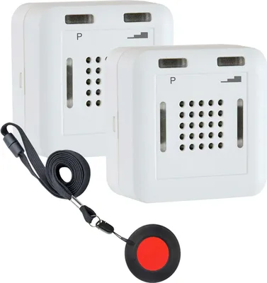 Immagine prodotto di Pacchetto sicurezza senior ELDAT 4: chiamata di emergenza a domicilio con trasmettitore di chiamata di emergenza impermeabile e due ricevitori radio per l'assistenza domiciliare; sistema di chiamata di emergenza: 2x indicatore di chiamata e collare di chiamata di emergenza SOS; set di chiamata per badanti