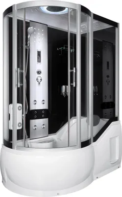 A modern, multi-functional shower cabin with a bathtub.