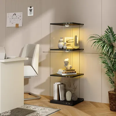 Produktbild von UnboxG Vitrine 121 cm, 360° drehbarer Glasschrank mit LED-Beleuchtung, 3 Ebenen, Fernbedienung und Kippschutz, Sammlerschrank für Figuren und Sammlerstücke, Schwarz, 38 × 38 × 121 cm