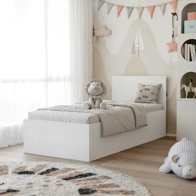 Produktbild von Polsterbett mit Holzlattenrost SIMPLE 90x200 cm Weiß Einzelbett mit Matratze