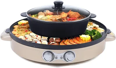 Produktbild von Elektrický stolní gril Hot Pot BBQ Grill Plate 2 v 1 Gril Domácnost Hot Pot Gold Grill Pan pro 5-8 osob Rodiny