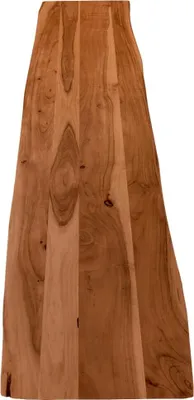 A wooden tabletop with a natural edge, presented vertically against a white background.