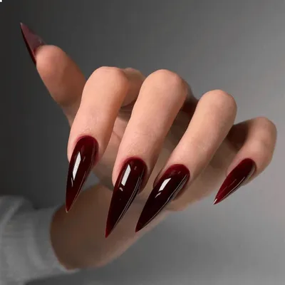Zdjęcie produktu dla Sztuczne paznokcie typu "stiletto", długie, w ciemnoczerwonym kolorze, idealne na Halloween, z klejem, trwałość 1-2 tygodnie