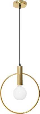 A modern pendant light with a gold circular frame and a white bulb.