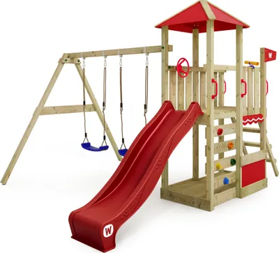 Image de WICKEY Tour de jeux Smart Savana avec balançoire & toboggan, maison de jeux avec échelle d'escalade & accessoires de jeux - rouge