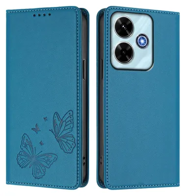 Produktbild von Lederhülle für Xiaomi Redmi 13 4G, Schmetterling Prägung Leder Brieftasche Schutzhülle mit Ständer Blau