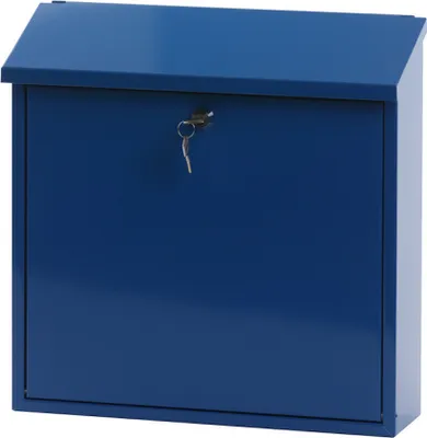 A blue metal mailbox with a key in the lock.