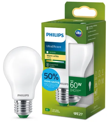 Produktbild von Philips Filament-Lampe, Milchglas, 60W A60 E27, 4 W, 60 W, E27, 840 lm, 50000 h, Warmweiß