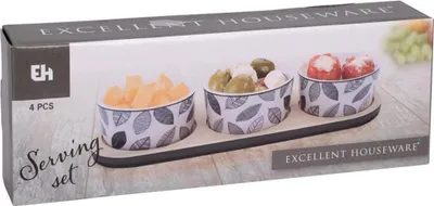 Obrázok produktu pre Servírovacia súprava na občerstvenie: podnos a 3 porcelánové misky, Ø 10 cm