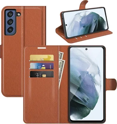 A collage of images showing a brown leather wallet-style phone case for a Samsung Galaxy S21 FE, with cards and cash inserted, and the phone in use.