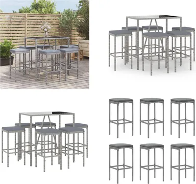 Produktbild von vidaXL 7 tlg. Gartenbar Set mit Kissen Grau Poly Rattan - Gartenbar Set - Gartenbar Sets - Garten Bar Set - Gartenbar