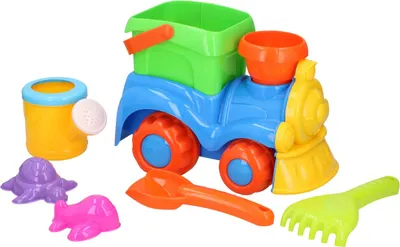 Zdjęcie produktu dla Eddy Toys Zestaw plażowy z pociągiem - 8-częściowa zabawka do piaskownicy - zawiera pociąg, wiaderko, łopatkę, grabki, konewkę, 2 foremki