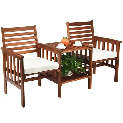 Produktbild von COSTWAY Gartenbank mit Tisch, 2-Sitzer Holzbank mit Sitzkissen & Schirmloch, Sitzbank aus Akazienholz bis 350 kg, Terrassenbank, 165 x 65 x 88 cm