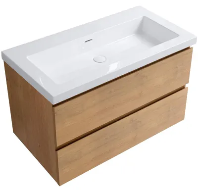Produktbild von CERANO - Badezimmerschrank Carole - Honig-Eiche + Waschbecken aus Gussmarmor Ovo - weiß, glänzend - 80,5 x 53 x 46,5 cm