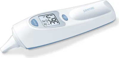 A white Sanitas digital ear thermometer on a white background.