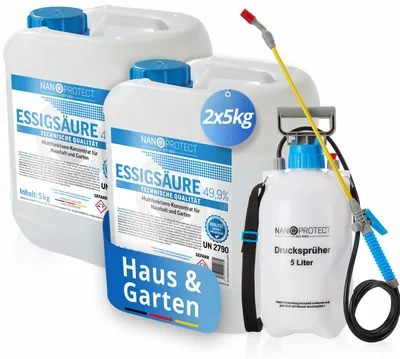 Produktbild von Nanoprotect Essigsäure Klimaneutral - 10 kg inkl. Drucksprüher | 49,9% | Nachhaltig und CO2 neutral | Ideal als Reiniger und Entkalker | Für Haus und Garten