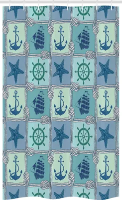 Immagine prodotto di ABAKUHAUS Tenda da doccia stretta in stile marittimo, timone turquoise, set decorativo per bagno in tessuto con ganci, 120 x 180 cm, turquoise navy