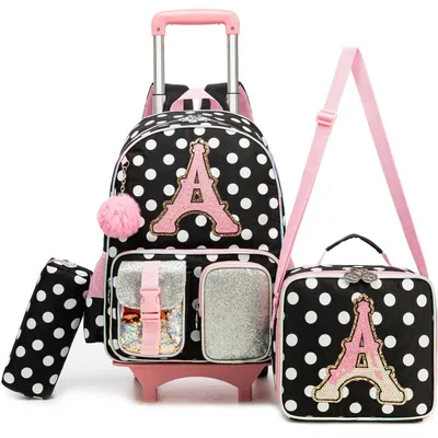 Immagine prodotto di Zaini con rotelle per bambine, trolley per bambini, set con astuccio e borsa per il pranzo, motivo a pois