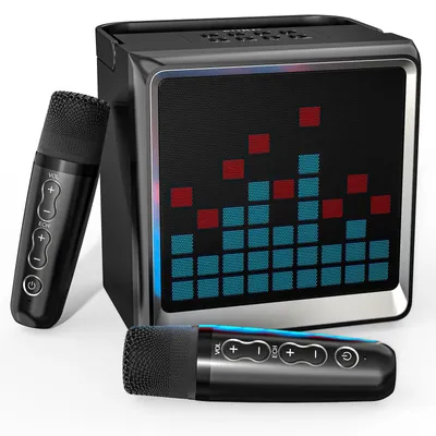 Productafbeelding van Karaokemachine Draagbaar - 15W Bluetooth Speaker - 2 Draadloze Microfoons - Zwart - Voor Thuis En Feest