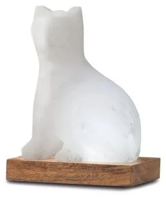 Obrázok produktu pre Himalájska soľná lampa "Sny v Himalájach", model "Mačka", biela, s dreveným podstavcom, kód 42071, výška 13 cm
