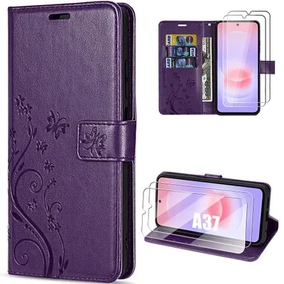 Image de Coque + 2 Verres Trempés pour Samsung Galaxy A37 5G, Synthéuir Antichoc Violet Foncé Motif Papillon