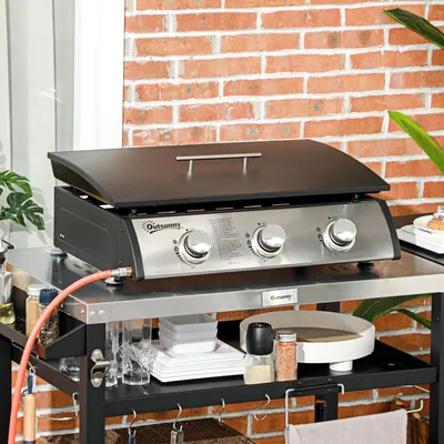 Produktbild von Gasgrill mit Deckel, 3 Brenner, Tischgrill Campinggrill, antihaftbeschichtet, Schwarz | 63 x 47 x 25 cm | 3 x 2,5 kW | Edelstahl