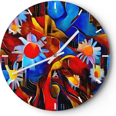 Produktbild von Wanduhr - Rund - Glasuhr - Blume Abstraktion - 40x40cm - Schleichendes Uhrwerk - Lautlos - zum Aufhängen bereit - Dekoration Modern - Wanddekoration aus Glas - C3AR40x40-3466