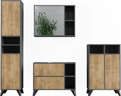 Productafbeelding van Badkamermeubelset Vicco Leano Antraciet/Goudkleurig Eiken 4-delig, Model 53269