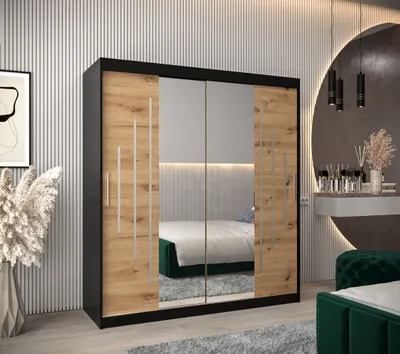 Produktbild von Kleiderschrank mit Spiegel EWELINA – Breite 180 cm, schwarz / Eiche artisan