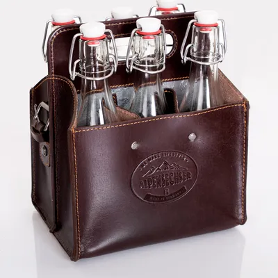 Produktbild von ALPENLEDER Alpensechser - Getränkehandtasche/Halter für 6 Flaschen - stabiles Sattlerleder