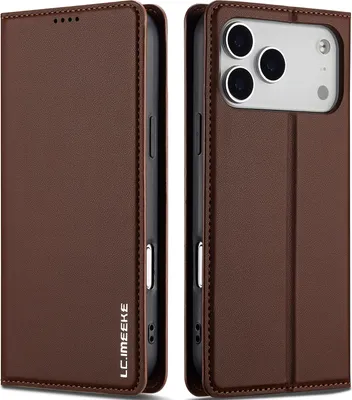 Image de Etui magnétique en cuir pour iPhone 17 Pro, avec fente pour cartes et fonction stand Marron