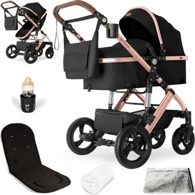 A collage of images showing a black and rose gold stroller and its accessories.